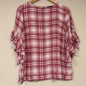 Plaid Flutter Sleeve Blouse Women’s Large Country Western 
Shirt Casual Top Fall